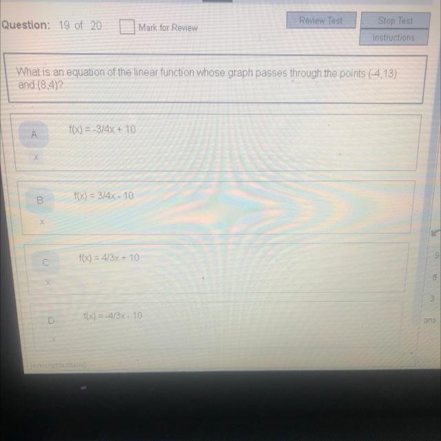 A.f(x)=-3/4x+10 B.f(x)=3/4x-10 C.f(x)=4/3x+10 D.f(x)=-4/3x-10-example-1