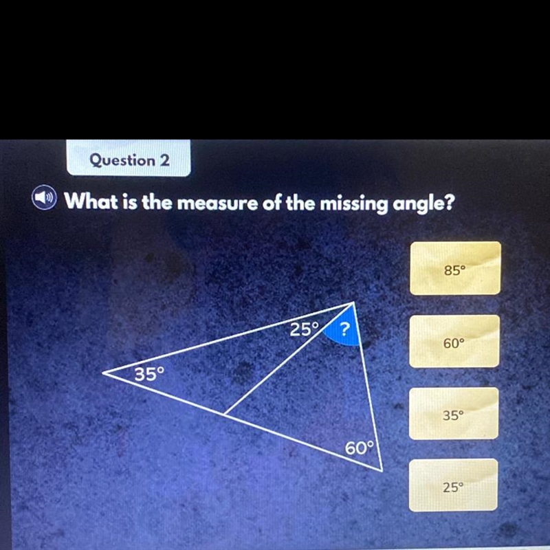 What is the measure of the missing angle?-example-1