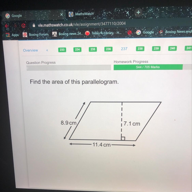 Find the area of this parallelogram. 8.9 cm 7.1 cm 11.4 cm-example-1