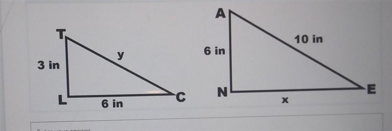 Triangle TCL is similar to triangle AEN. solve for x and y​-example-1