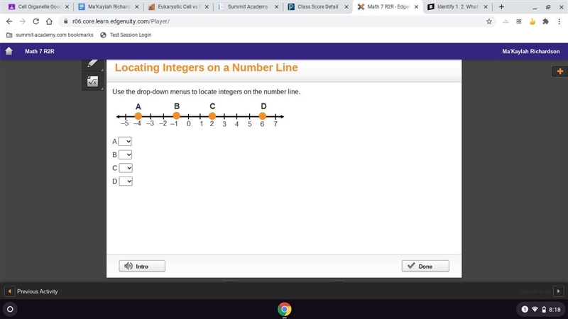 Use the drop-down menus to locate integers on the number line. A number line going-example-1