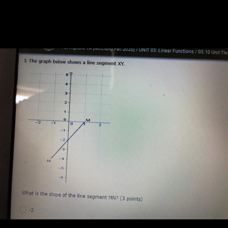 The graph below shows line segment XY. What is the slope of the line segment MN? ANSWER-example-1