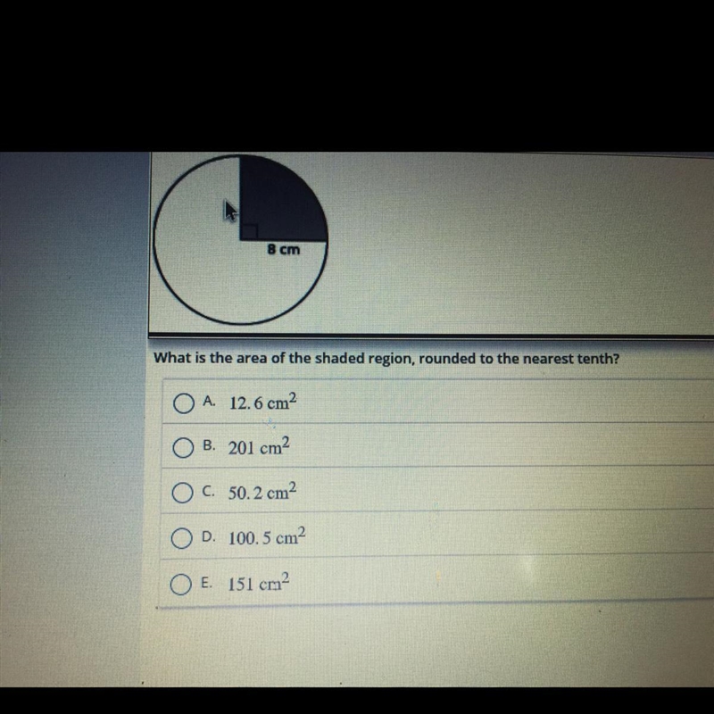 8 cm What is the area of the shaded region, rounded to the nearest tenth? O A 12.6 cm-example-1