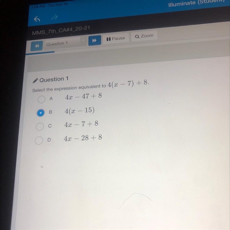 What expression is equivalent to 4(x-7)+8-example-1