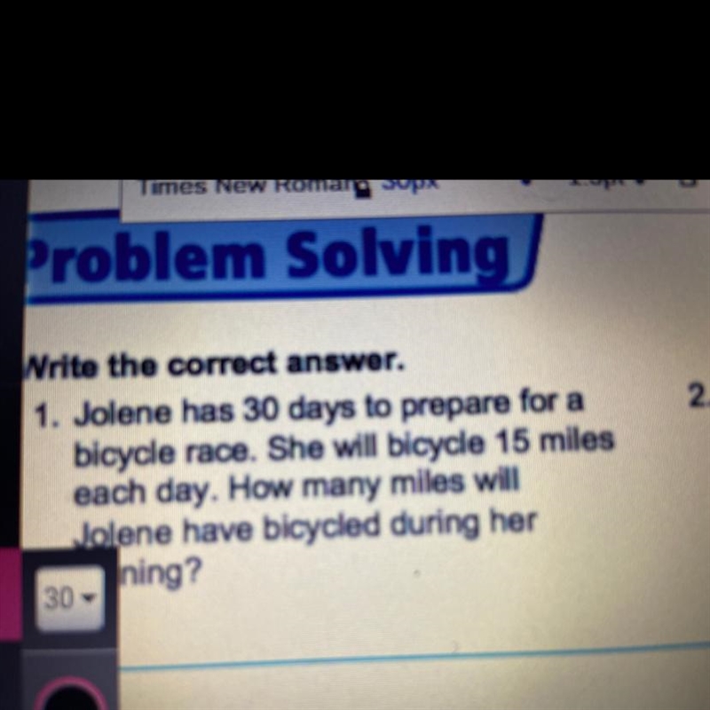 Jolene has 30 days to prepare for a bicycle race. She will bicycle 15 miles each day-example-1