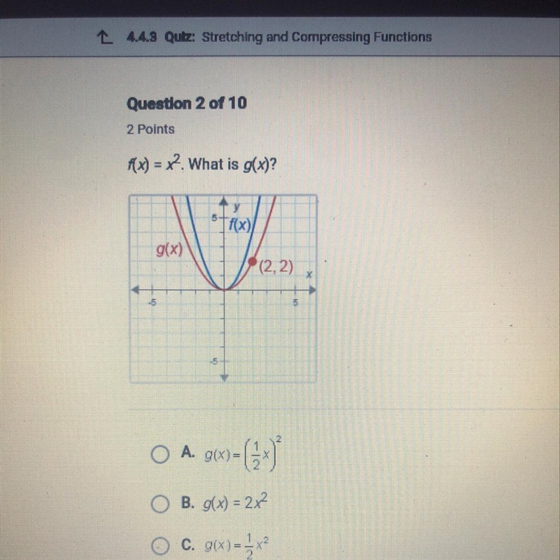 F(x) = x2. What is g(x)? f(x) g(x) (2.2) 15-example-1