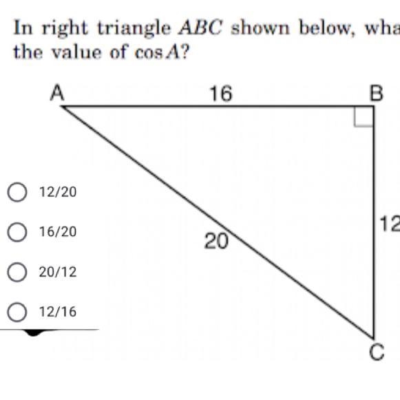 IN THE RIGHT TRIANGLE ABC IS SHOWN BELOW WHAG IS THE VALUE OF COSA-example-1