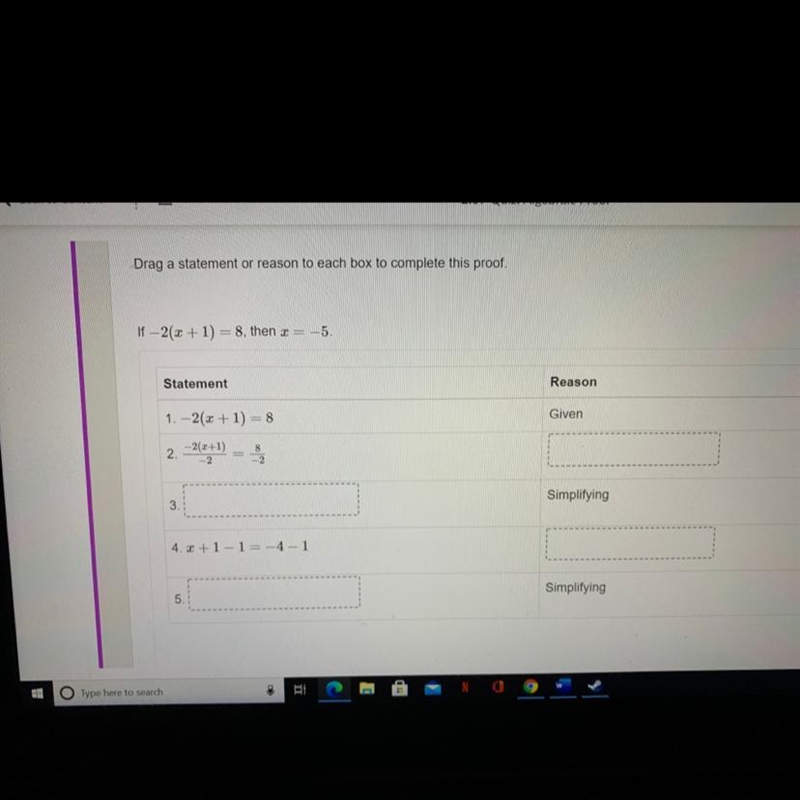 Algebraic proof question. ANSWERS: subtraction property of equality, division property-example-1