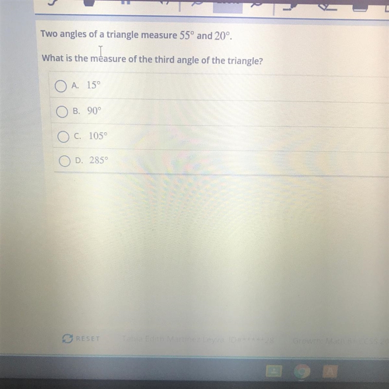 Two angles of a triangle measure 55° and 20°. What is the measure of the third angle-example-1