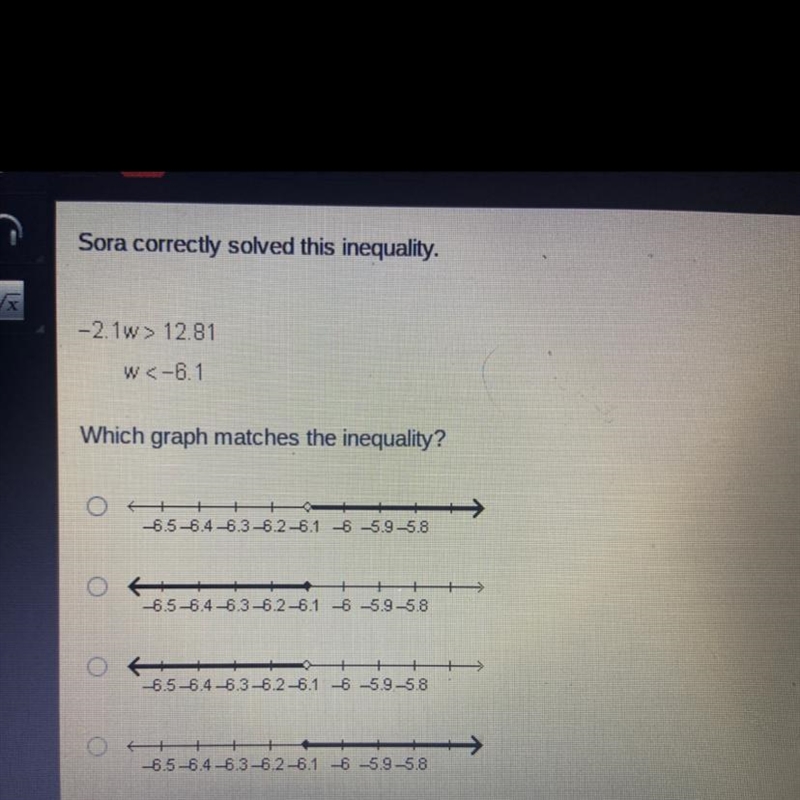 Sora correctly solved this inequality. -2. 1w> 12.81 w<-6.1 Which graph matches-example-1