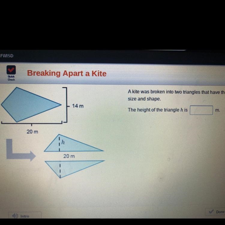 A kite was broken into two triangles that have the same size and shape The height-example-1