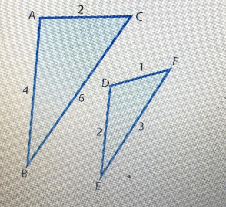 Write an informal proof to show triangles ABC and DEF are similar. Please don’t answer-example-1