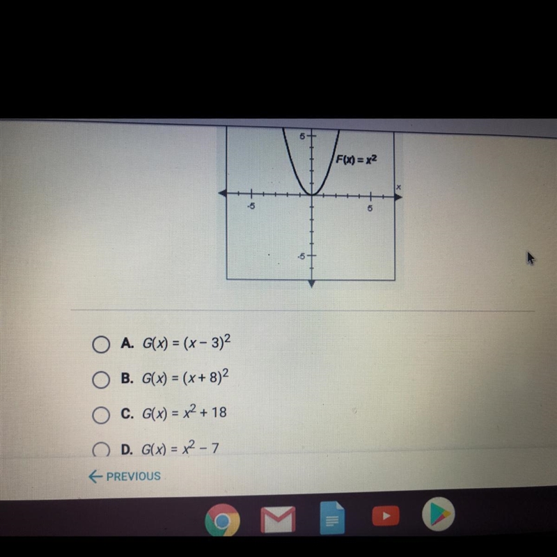 Which of the following functions shows the quadratic parent function, F(x) = x2, shifted-example-1