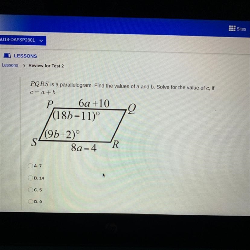 PQRS is a parallelogram. Find the values of a and b. Solve for the value of c, if-example-1