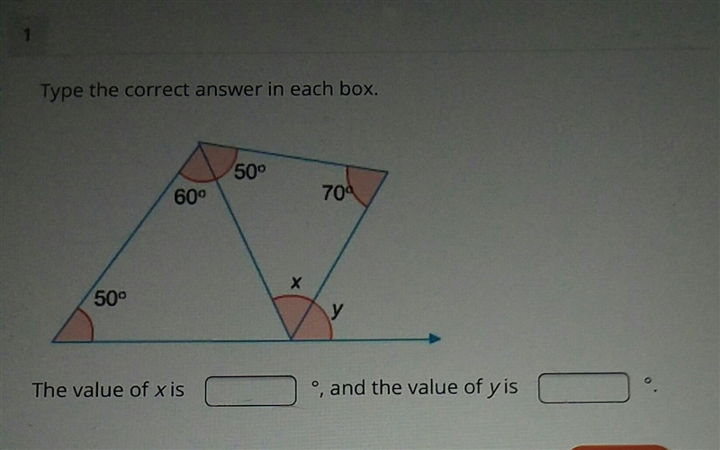 The value of x is ____ °,and the value of y is____ °. this is really confusing help-example-1