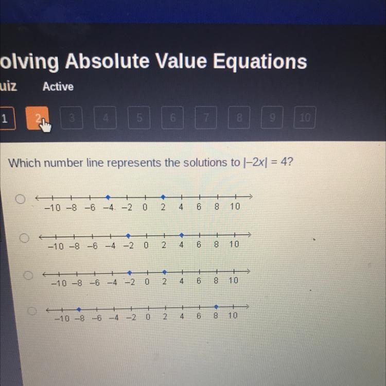 Which number line represents the solutions to 1-2x] = 4? + + + -10 -8 -6 -4 -2 0 2 4 + + 8 10 6 + -10 -8 -6 -4 -2 0 2 4 6 + 8 10 + + -10 -8 -6 -4 -2 0 2 4 6 8 =&gt-example-1