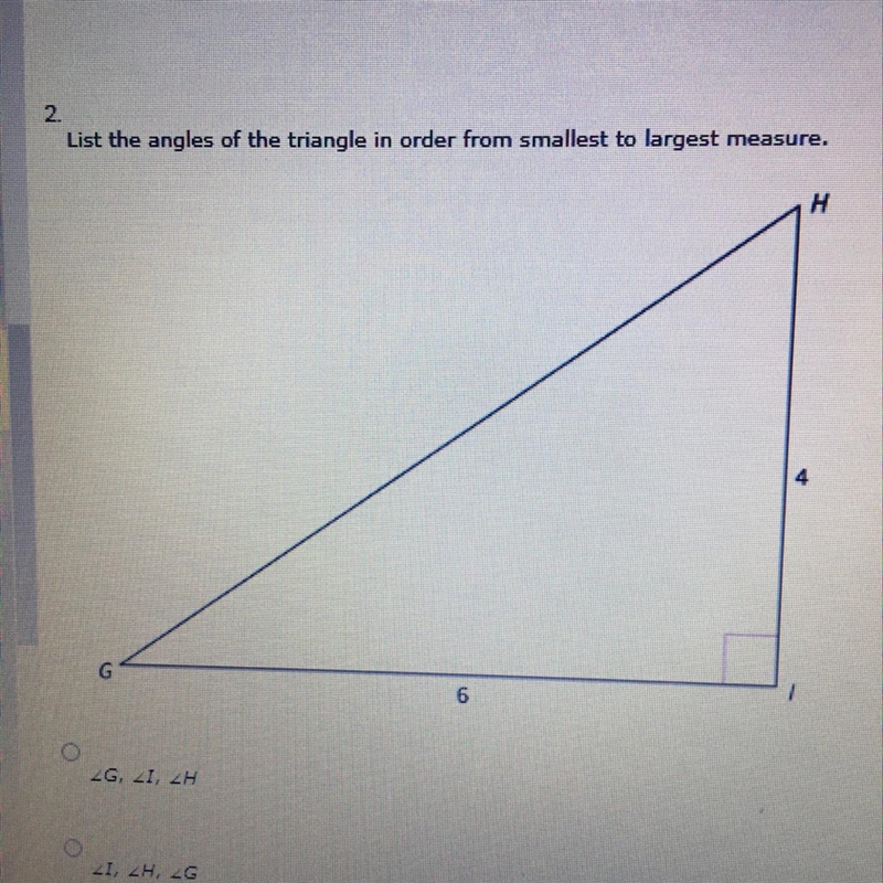 List the angles of the triangle in order from smallest to largest measure.-example-1