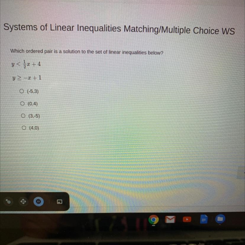 Which ordered pair is a solution to the set of linear inequalities below?-example-1