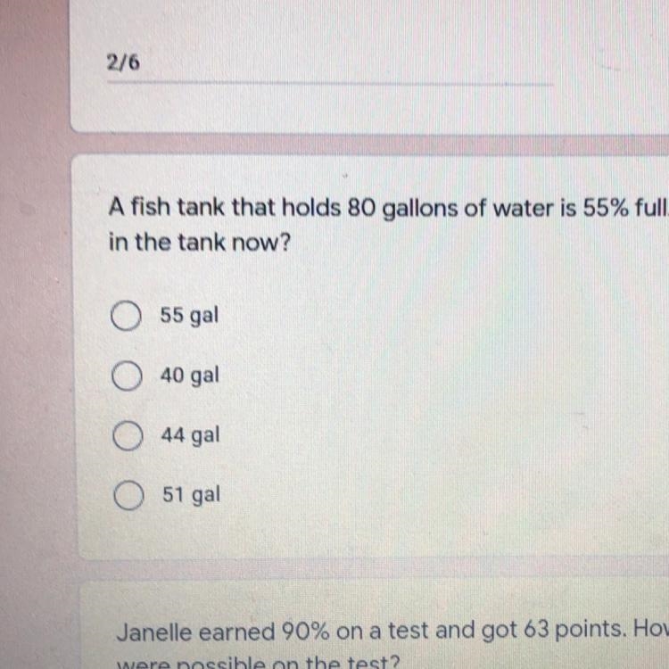 A fish tank that holds 80 gallons of water is 55% full. How many gallons are in the-example-1