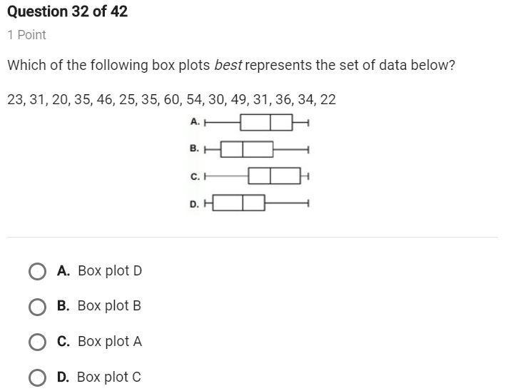 Which of the following box plots best represents the set of data below?-example-1