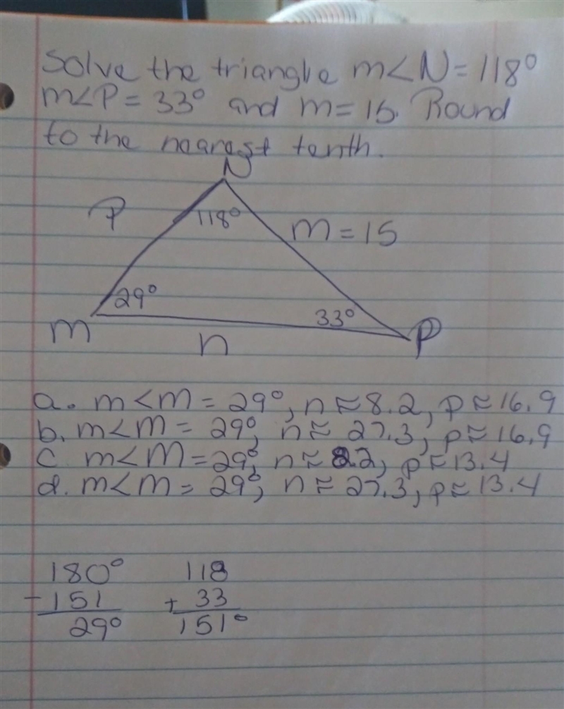 Solve the triangle m<N= 118°, m<P= 33° and m=15. Round to the nearest tenth-example-1