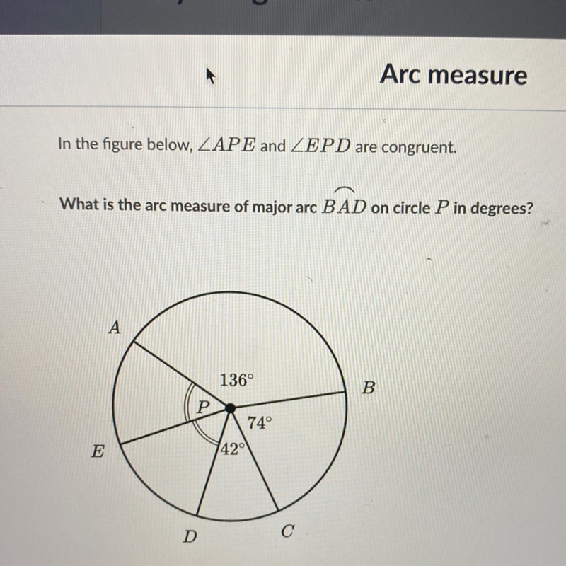 What is the arc measure of major arc BAD on circle P in degrees?-example-1