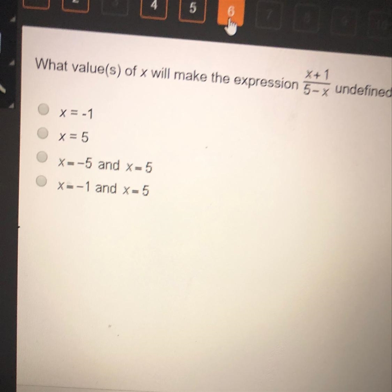 What values of x will make the expression x+1/5-x undefined-example-1