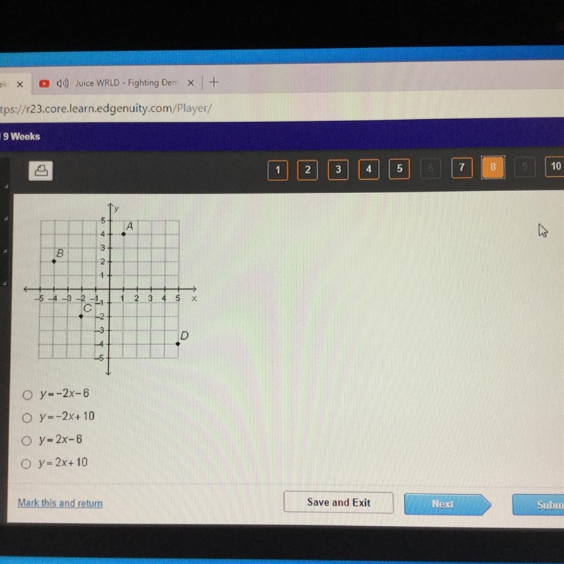 Which equation represents the line that passes through points B and C on the graph-example-1