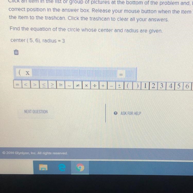 Find the equation of the circle whose center and radius are given. center ( 5.6), radius-example-1