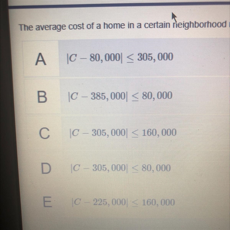 The average cost of a home in a certain neighborhood ranges from $225,000 to $385,000. Write-example-1