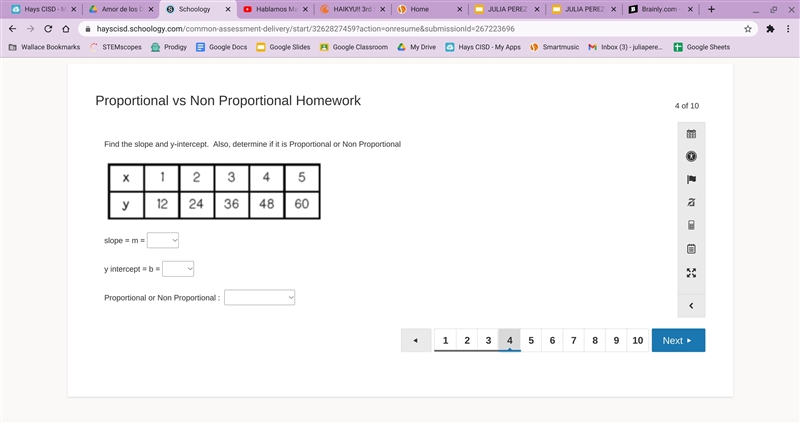 Find the slope and y-intercept. Also, determine if it is Proportional or Non Proportional-example-1