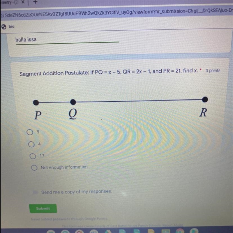 Segment Addition Postulate: If PQ = x - 5, QR = 2x - 1, and PR = 21, find x. 3 points-example-1