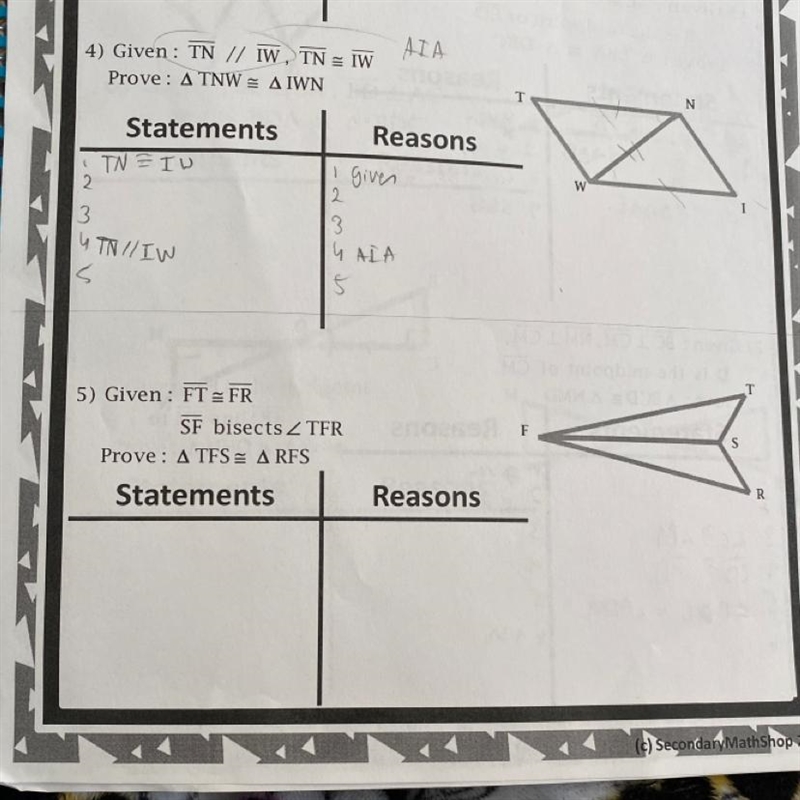 HELP I HAVE A CLASS SOON 3 and 4!! Given: FT = FR SF bisects 2 TFR Prove: TES RFS-example-1