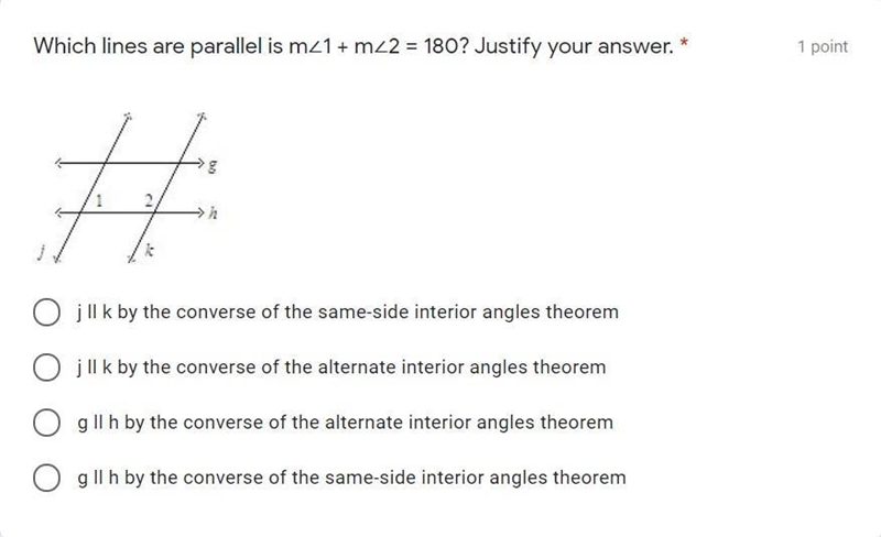 Which lines are parallel is m∠1 + m∠2 = 180? Justify your answer.-example-1