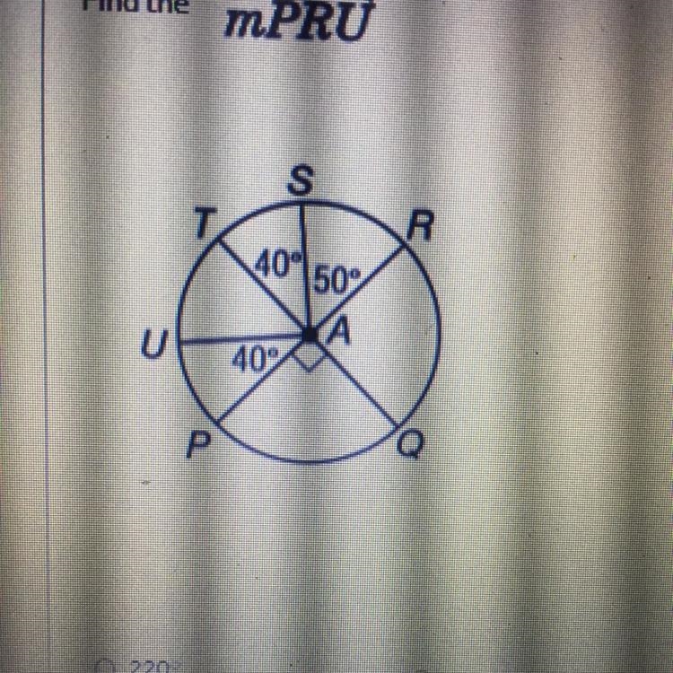 Segments PR and QT are diameters of Circle A. Find the mPRU A. 220 B. 40 C. 320 D-example-1