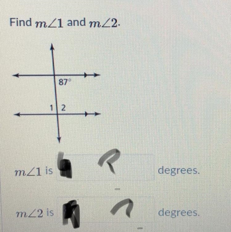 Find m angle 1 and m angle 2.-example-1