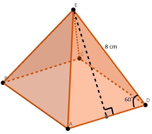 The following picture is a square pyramid where DE=8 cm and m∠ADE=60°. Find the surface-example-1