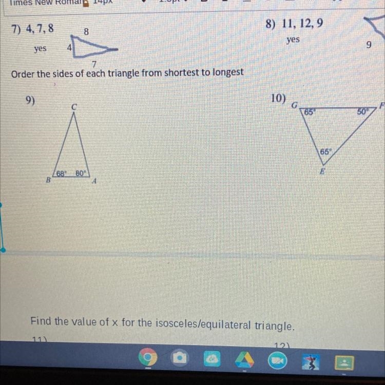 Order the sides of each triangle from shortest to longest-example-1