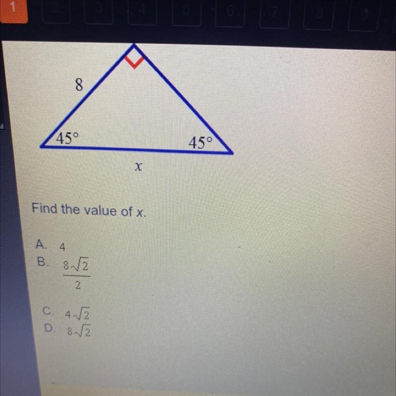 Analyze the diagram below and complete the instructions that follow. 8 45° 45° X Find-example-1