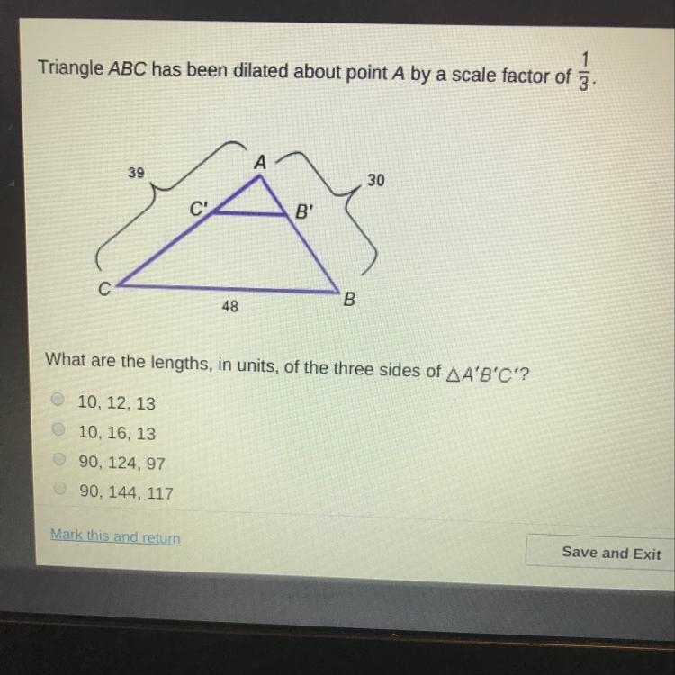 Triangle ABC has been dilated about point A by a scale factor of 1/3. What are the-example-1