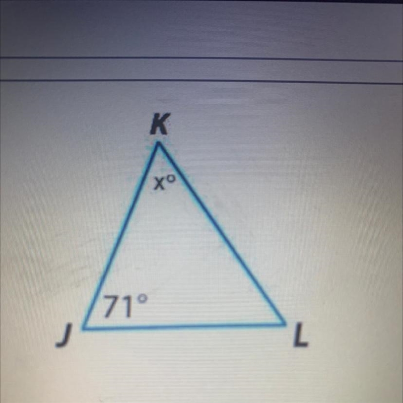 In triangle JKL what is the value of x° if JK = KL A) 38° B) 60° C) 69° D) 71°-example-1