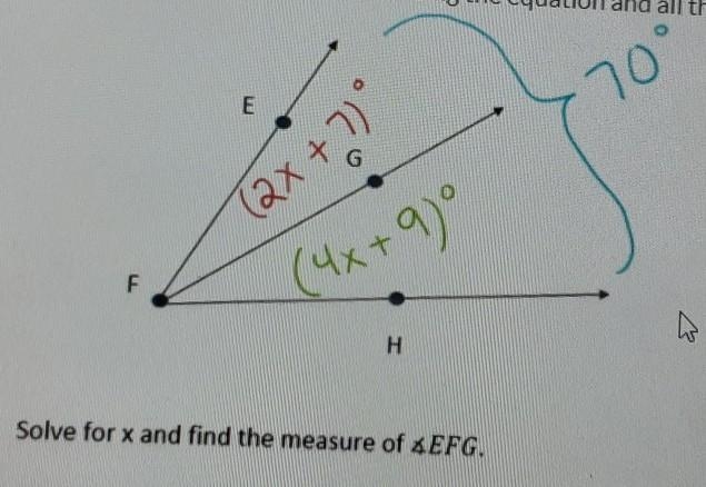 Solve for x and the measure of EFG.​-example-1