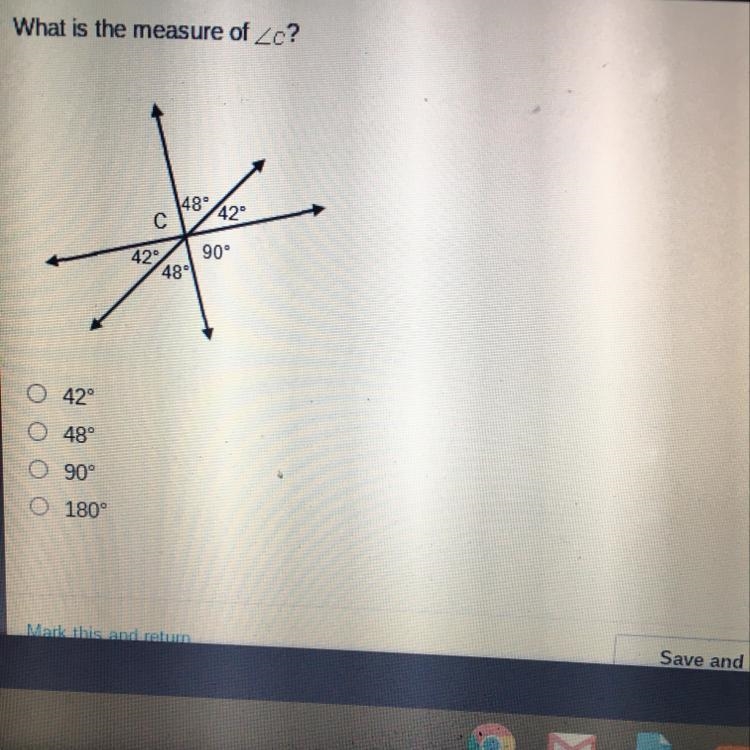 What is the measure of c? 1489 42° С 90° 422 489 O 42° O 48° O 90° 0 180° Please help-example-1