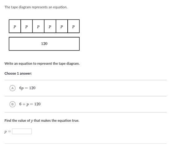 Help me asap Write an equation to represent the tape diagram. Find the value of p-example-1