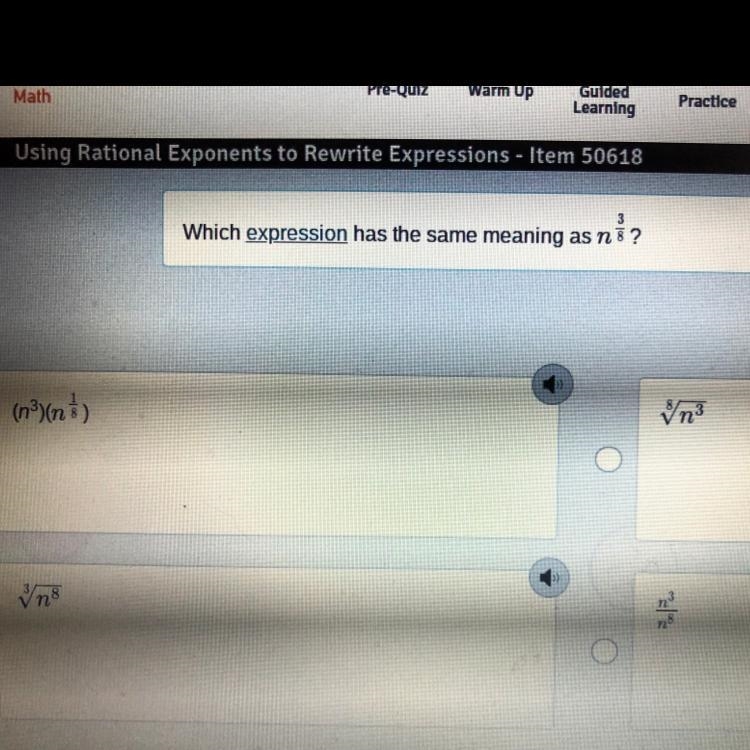 Which expression has the same meaning as n 3/8?-example-1