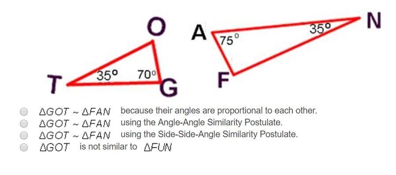 Determine whether each pair of triangles is similar. If similarity exists, write a-example-1