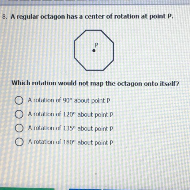 Which rotation would NOT map the octagon onto itself?-example-1