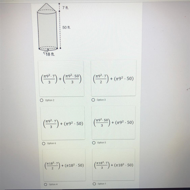 Which expression represents finding the volume of the entire solid? Be careful-example-1