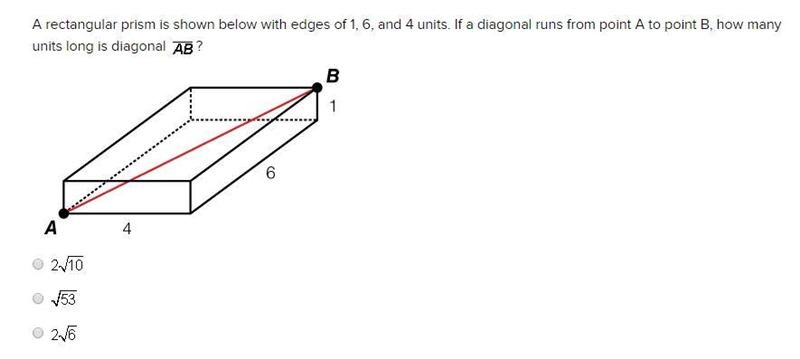 Help pleaseee: A rectangular prism is shown below with edges of 1, 6, and 4 units-example-1