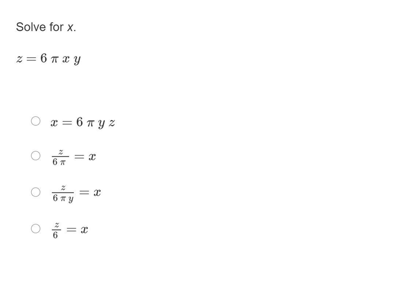 Solve for x. z = 6 π x y Image Below-example-1